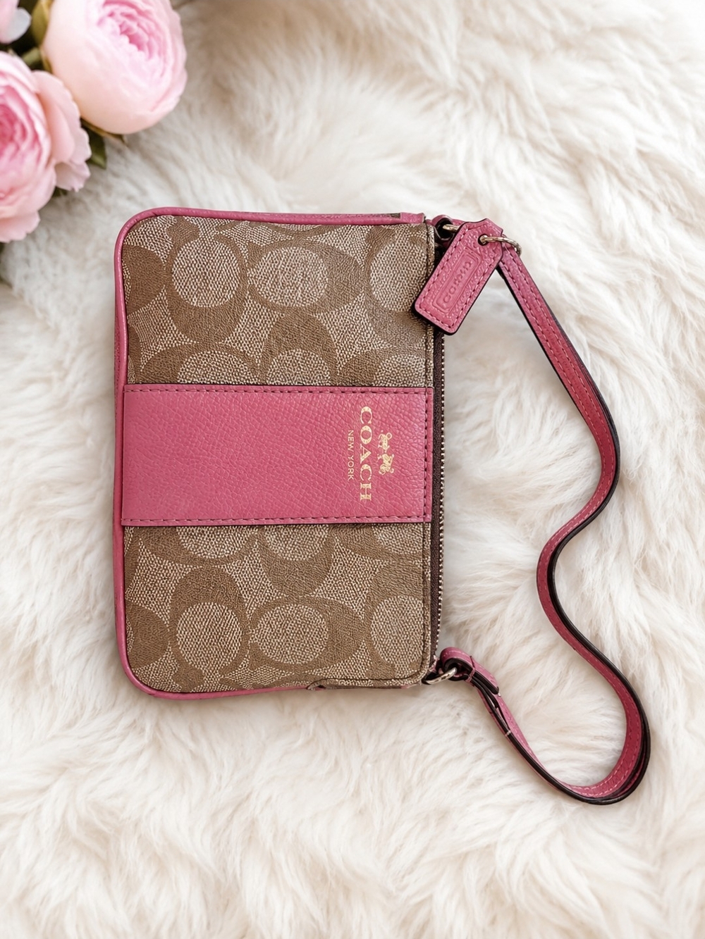 Coach Signature Canvas Pink Crossbody Wristlet Clutch Purse Convertible Brown &